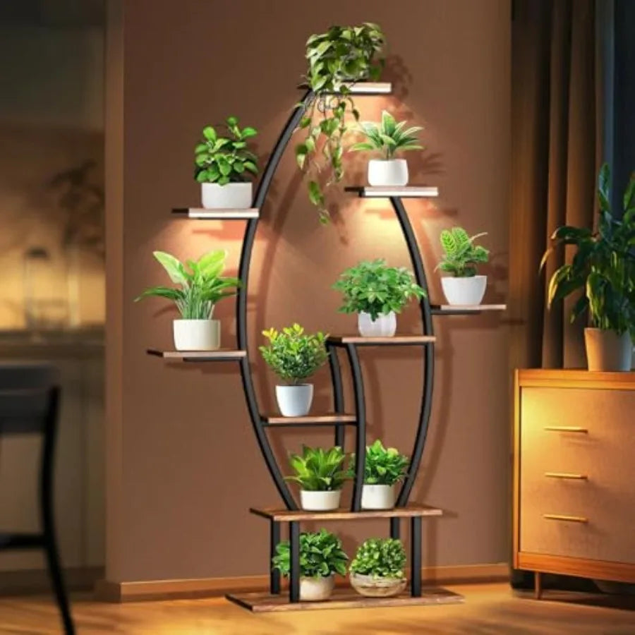 59Inch Tall Indoor Plant Stand with Integrated Grow Lights for Efficient Indoor Growing 9Tiered Large Flower Holder in Black Fi