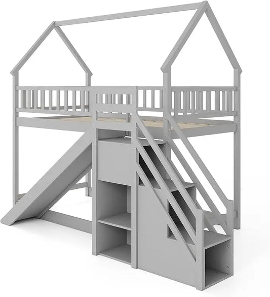 Wood Twin Over Twin Bunk Bed with Slide & Staircase, Twin House Bunk Bed with Safety Guardrails Storage, Floor House Bed Wooden