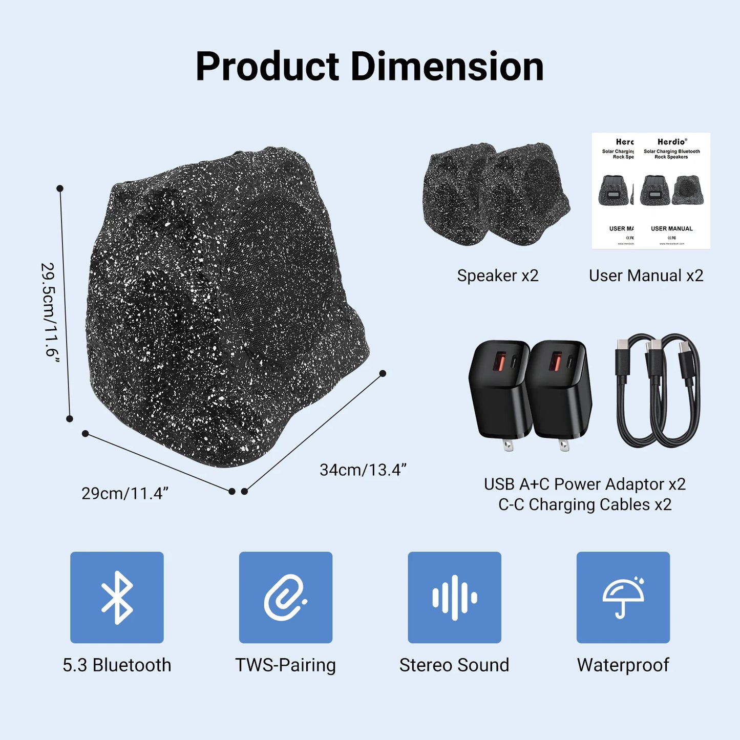 Herdio 8" Rock Bluetooth Speakers Outdoor Waterproof IPX7 Wireless Solar 240W TWS Connection Powered With Rechargeable Battery
