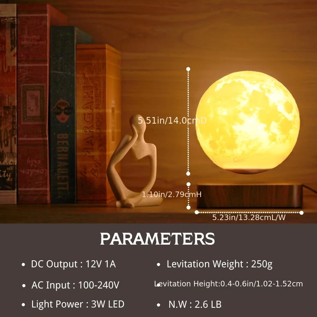 Magnetic Floating Rotating Moon Lamp with Wooden Base, 3 Color Temperature LED Night Lights of Print 3D for Unique Gifts, Room