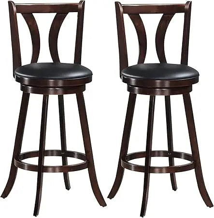 Set of 2 Swivel Bar Stools with Leather Seats, Single Slat Back, Solid Rubber Wood Legs