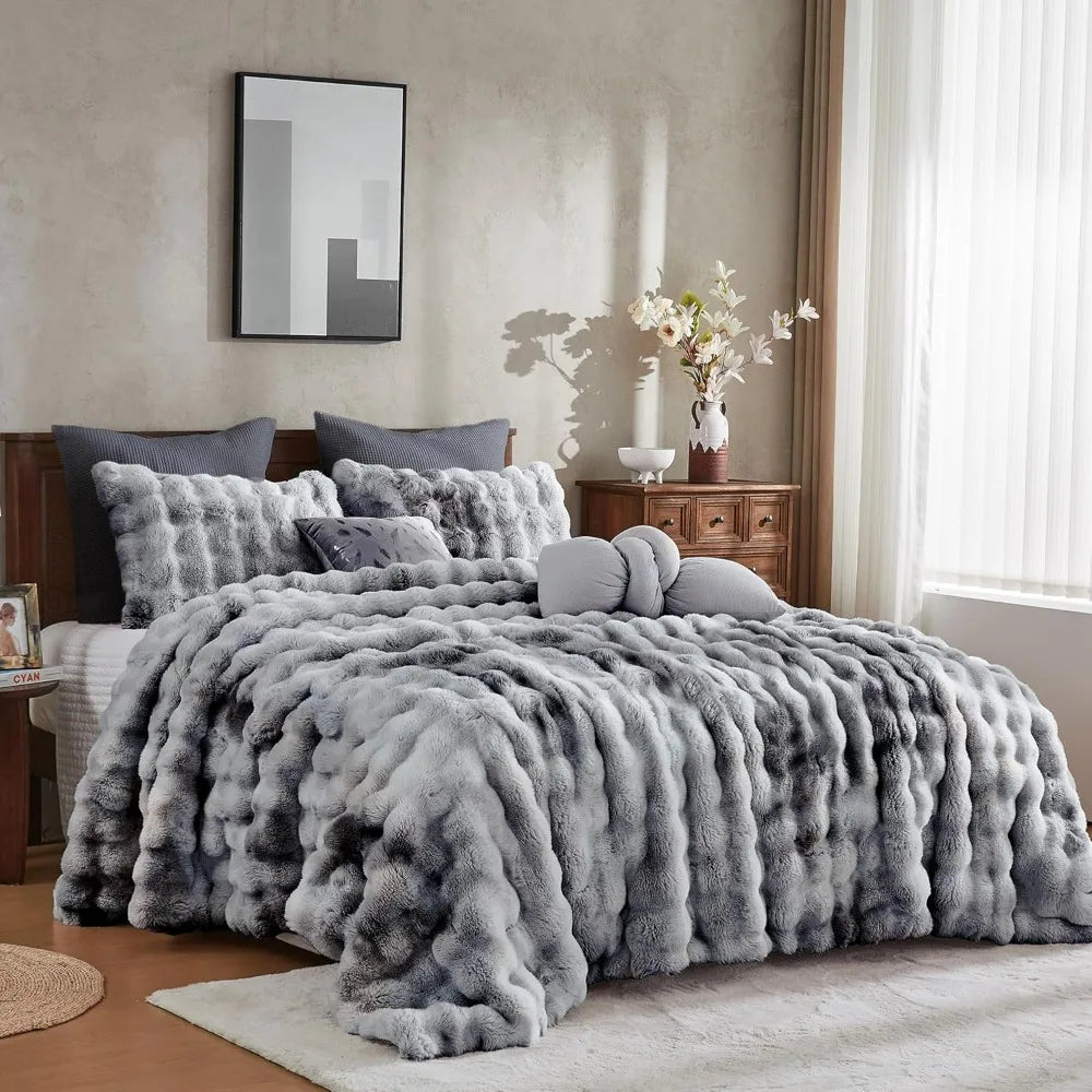 King Size Tie-Dye Grey Plush Rabbit Fur-Like Comforter Set, Fluffy and Warm Bedding