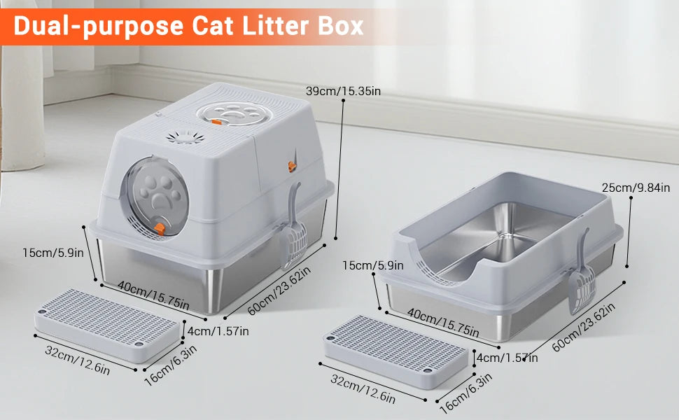 Stainless Steel Cat Litter Box, High Sided Enclosure Cat Toilet With Lid, Front And Top Door, Sand Filter Pedal & Litter Scoop