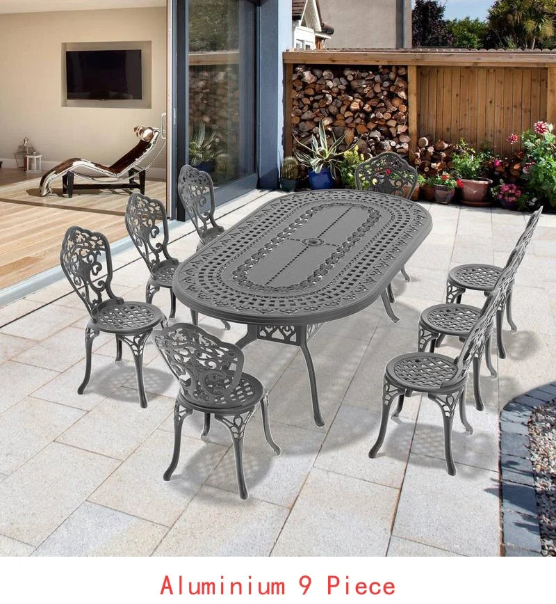 9-Piece Outdoor Dining Set, All-Weather Cast Aluminum Furniture, Black Frame