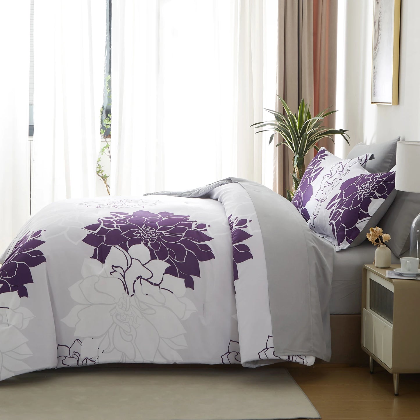 Comforter Set - 7 Pieces Floral Bedding Sets with Reversible Botanical Flowers Comforter, Sheets, Pillowcases & Shams