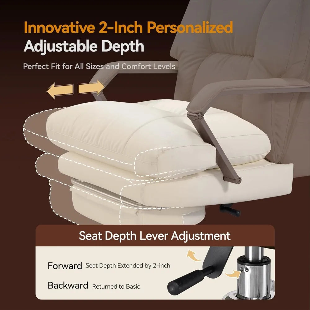 Reclining Office Chair with Footrest - 25.6" Wide Seat & Adjustable Seat Depth, Big and Tall High Back Leather Executive Home