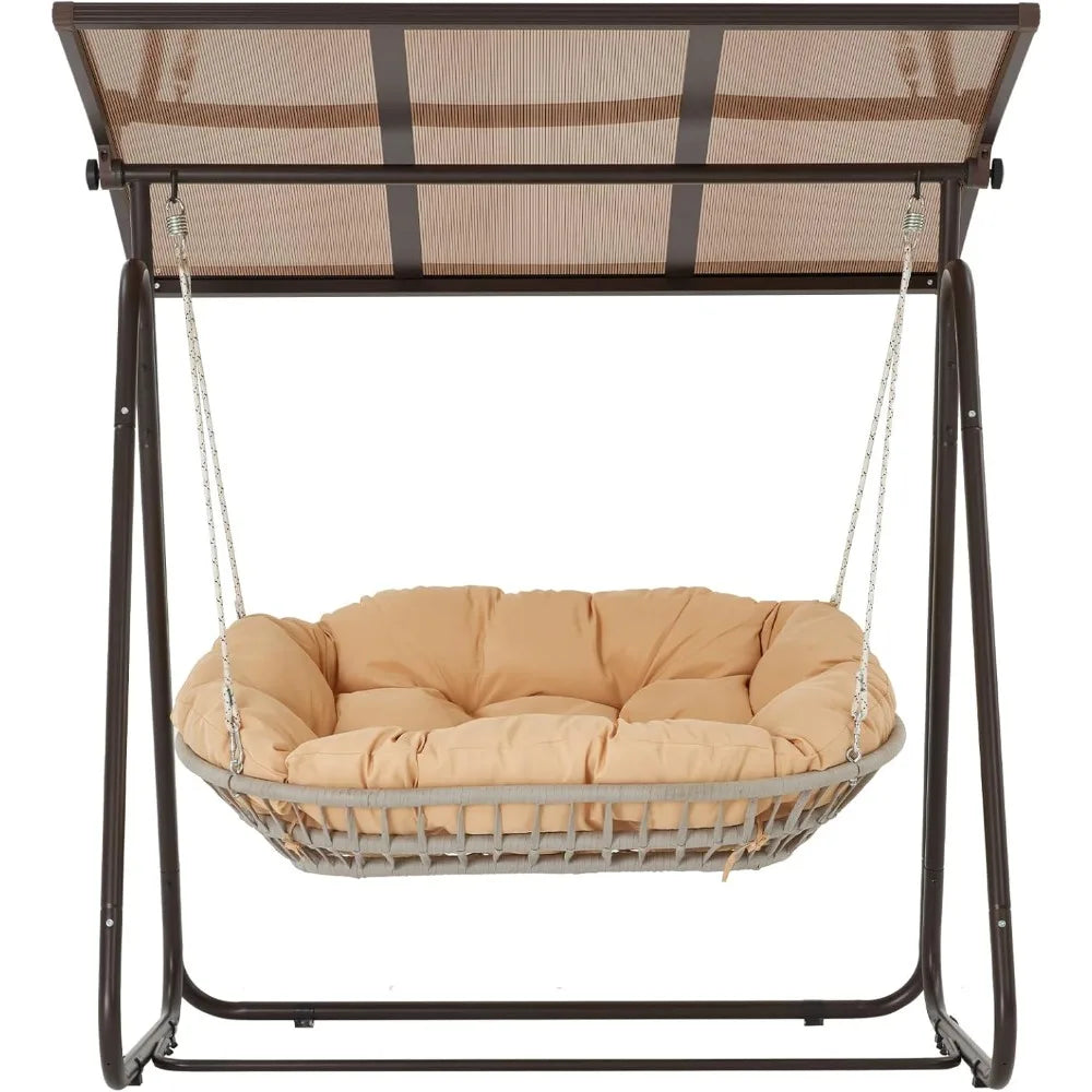 2-Person Outdoor Porch Swing with Adjustable Hardtop Canopy, 5.9" Thick Cushions,Weather-Resistant Rattan Patio Swing Chair with