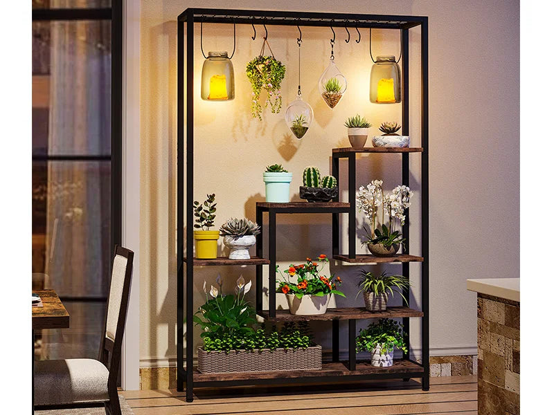 5-Tier Tall Indoor Plant Stand, 70.9 inches Large Metal Plant Shelf with 6PC S Hanging Hooks for Indoor, Garden