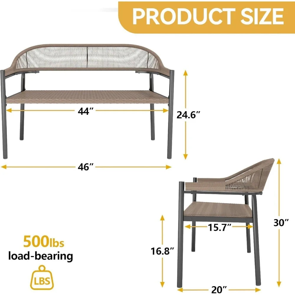 Outdoor Loveseat Bench,46.8 Inches Wicker Frame Patio Bench, All Weather Outdoor Bench with Rattan Backrest Armrests and Metal L