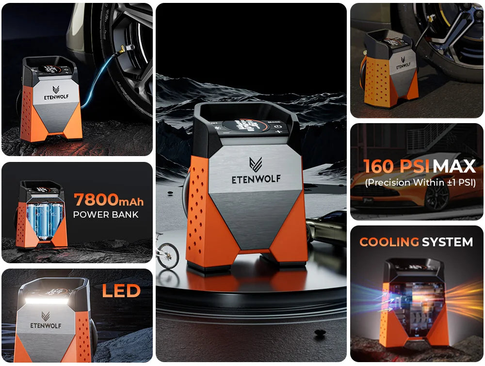 ETENWOLF ZEPHYR S3C Portable Air Compressor 100% Duty Cycle Car Tire Inflator 7800mAh for Cars, Motorcycles, Bicycles Balls