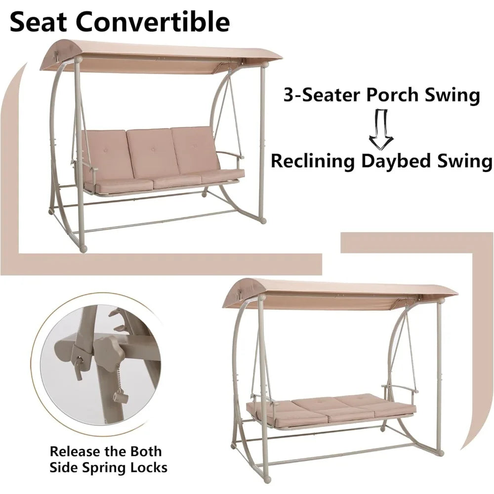 Modern Porch Swing with Stand, 3 Person Outdoor Patio Swings with Canopy, All Weather Backyard Swing for Adults, 2 in 1 Patio Sw