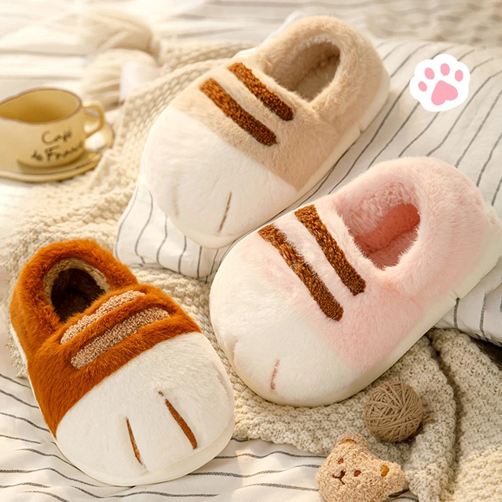 3D Cat Paw Plush Slippers Warm Slip-on House Shoes Comfortable Flat Thermal Slippers Furry Paw Couple Slippers for Autumn Winter