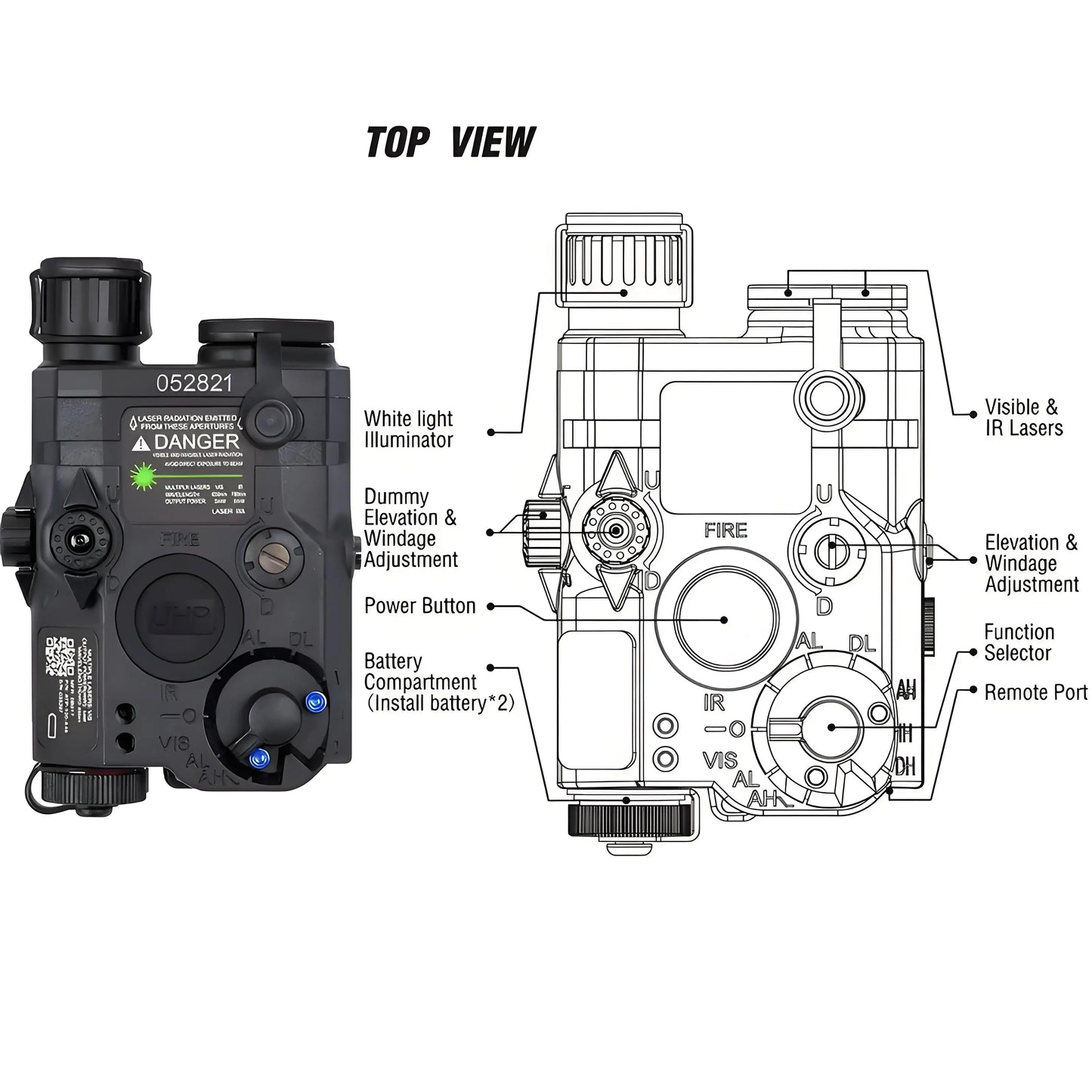 Airsoft PEQ15 UHP Visible Green Laser with IR & White LED Flashlight, Battery Powered