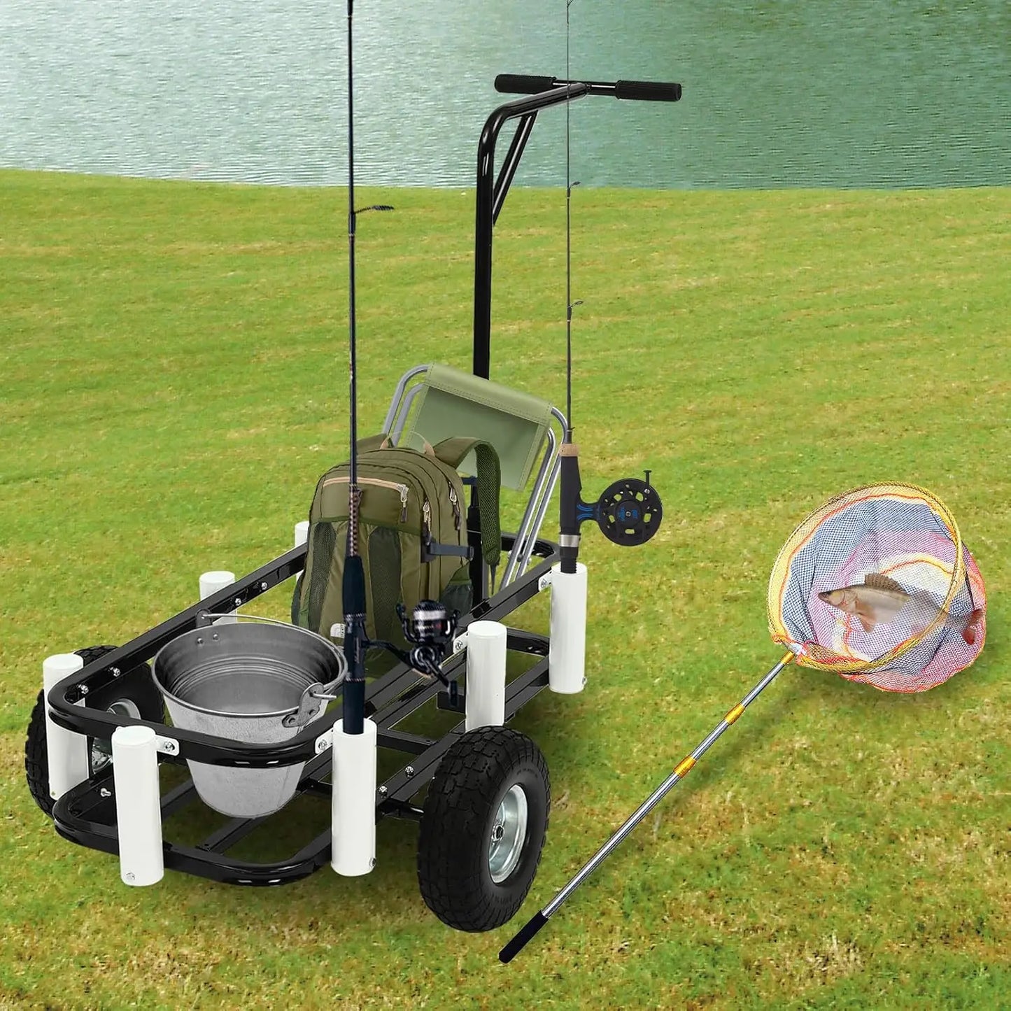 Beach Fishing Rolling Wheel Cart,Outdoor Fishing Cart with 7 Fishing Rod Holders for Fish Traveling Shopping Moving