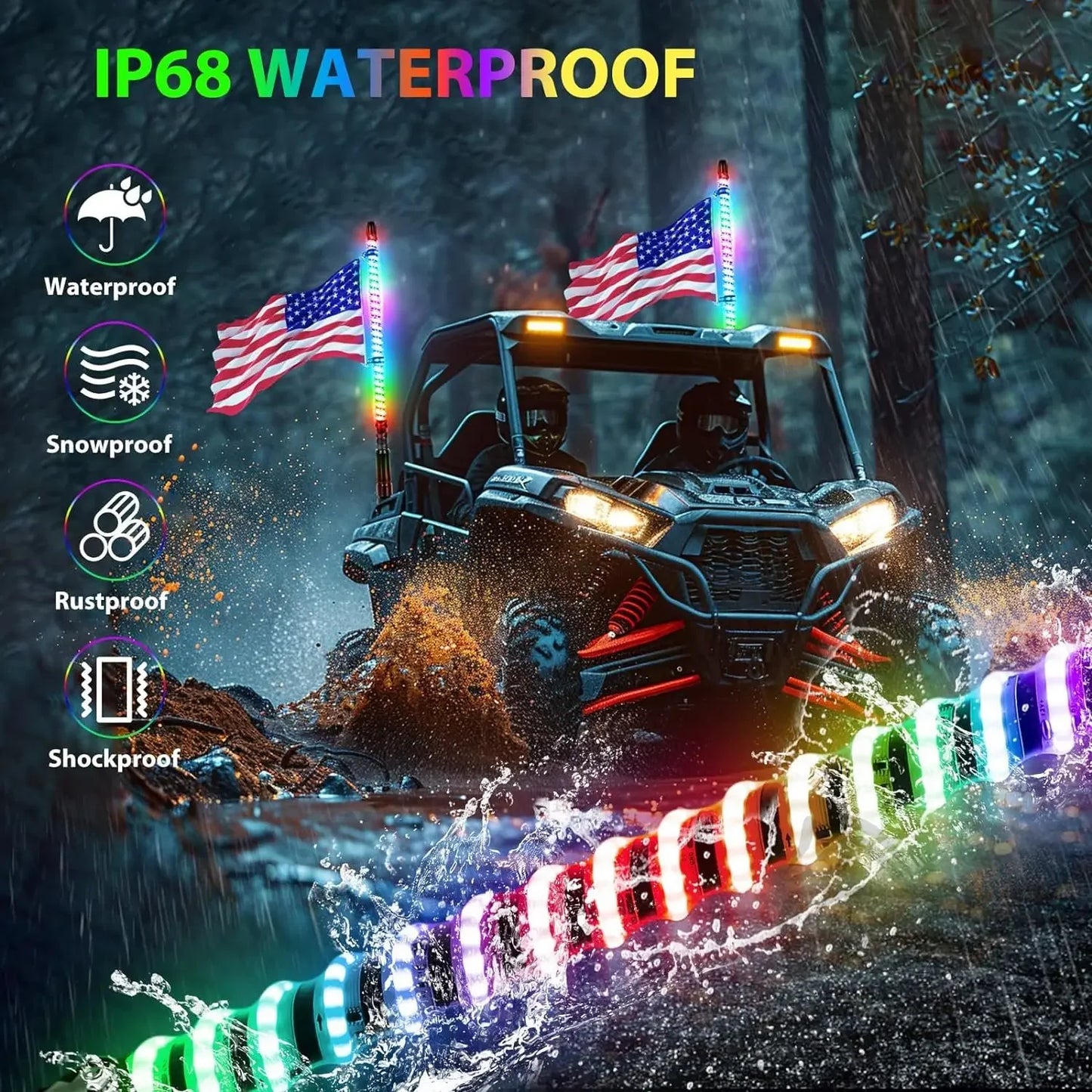 2PCS 2ft LED Whip Lights For UTV Colorful RGB Chasing/Dancing Light RGB Chasing Lighted Antenna Whips For ATV Truck