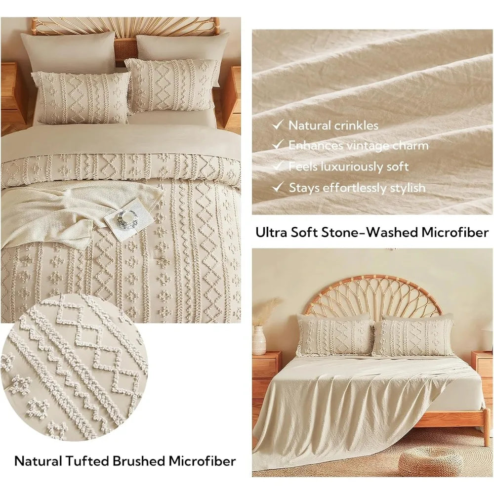 Beige Comforter Set Queen, Tufted Boho Bedding Set, Farmhouse Bed in a Bag Set 7 Pieces with 1 Comforter, 2 Pillow Shams