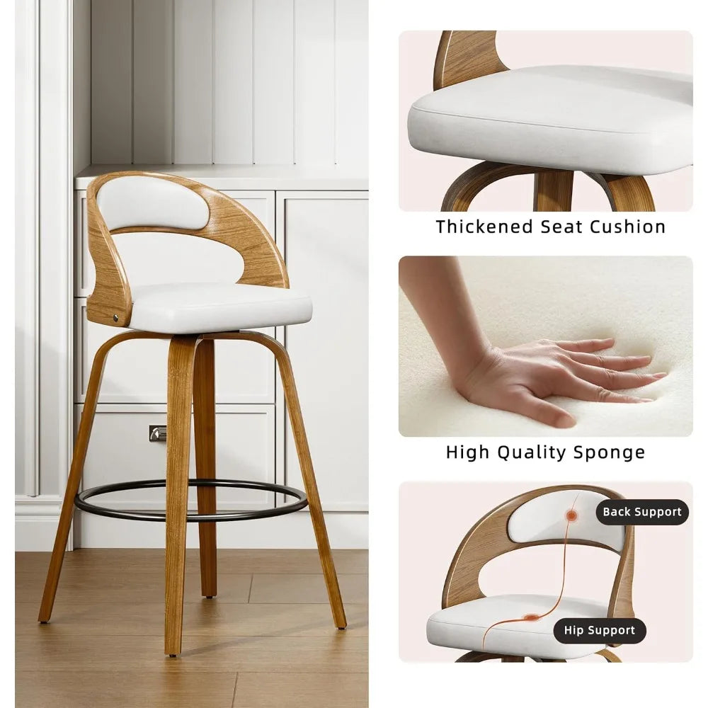 Swivel Counter Height Stools Bar Chairs Faux Leather Bar Stool with Backrest & Solid Wood Legs & Wrap-Around Footrest, Counter