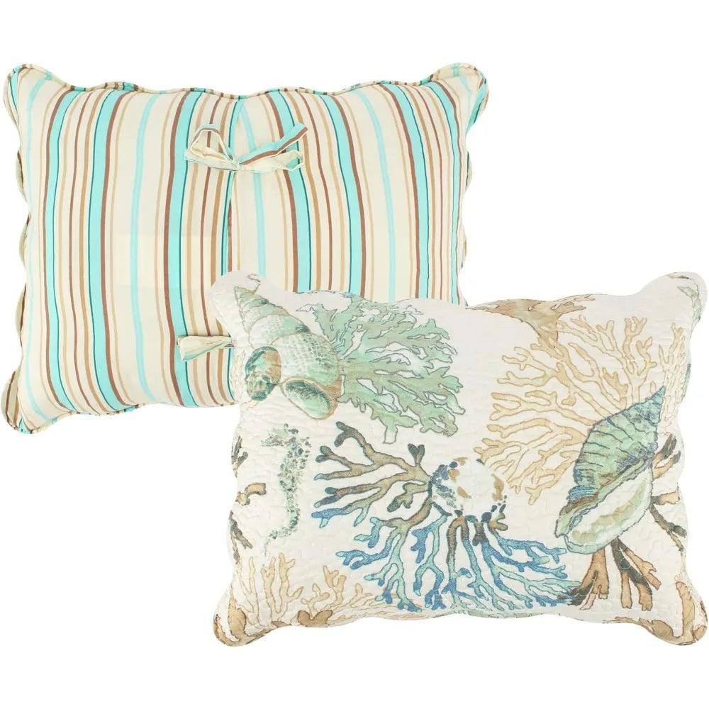 Coastal Sea Coral Pattern Reversible Quilt Set, 4-Piece, Twin/XL Size, Jade Green, Oversized Comfort