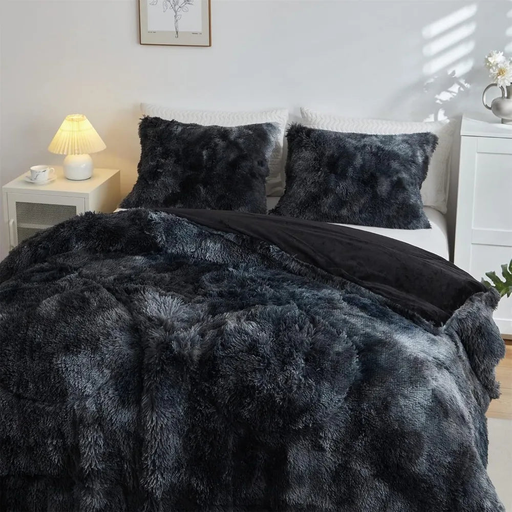 Faux Fur Plush Black Comforter Set Fluffy Fuzzy Shaggy Bedding Set - 3PC King Size Microfiber Soft Warm Quilt Set