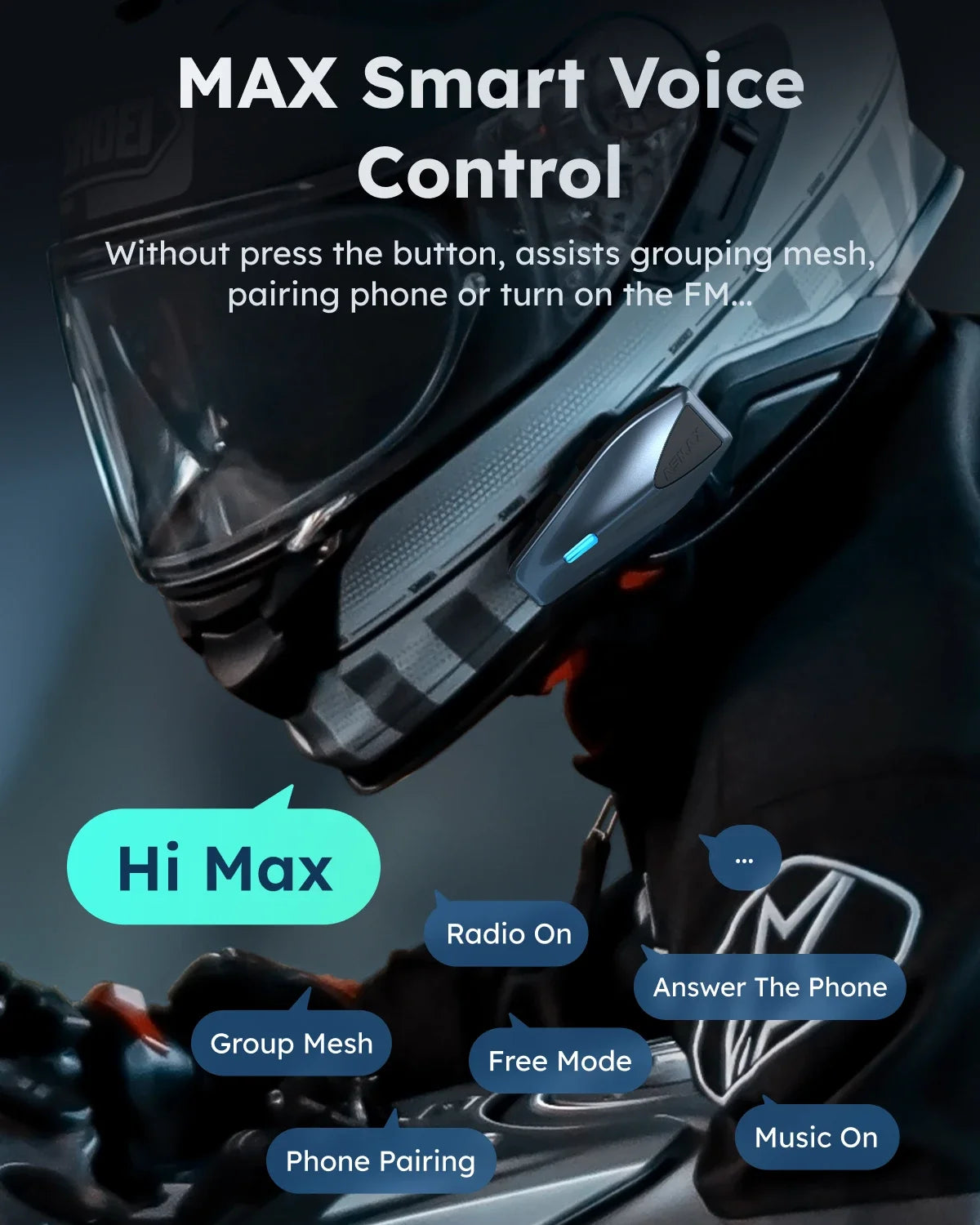 ASMAX Blue S1 Motorcycle Intercom Helmet Mesh Group Communication, Voice Control Bluetooth Headset for Snowmobile, Ski & ATV