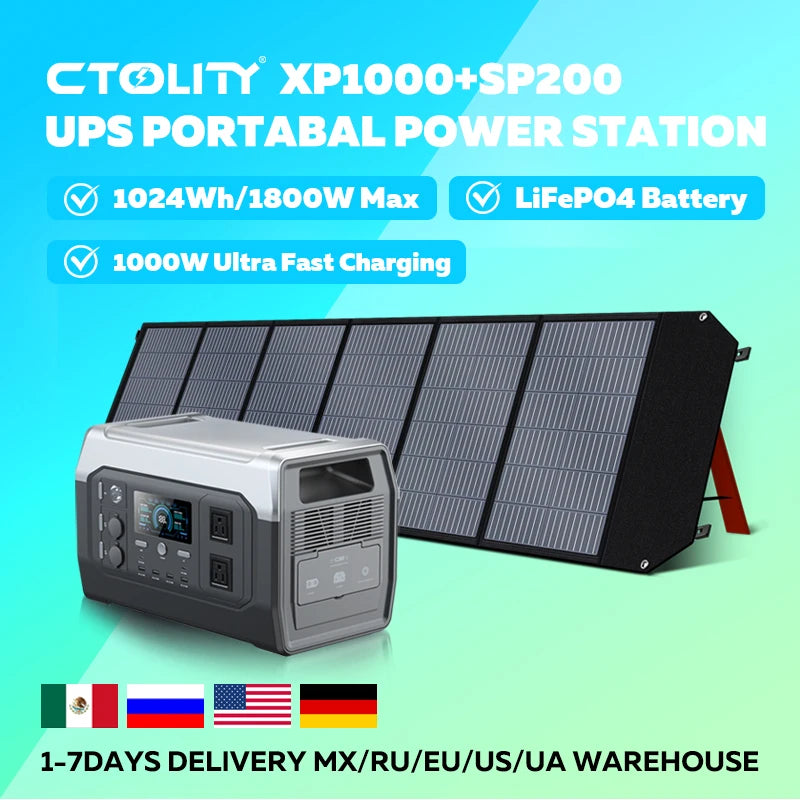 CTOLITY XP1000 1800W 1024Wh Portable Power Station, Lifepo4 Battery+200W 20.5V Foldable Solar Panel Power outage, Emergency,RV
