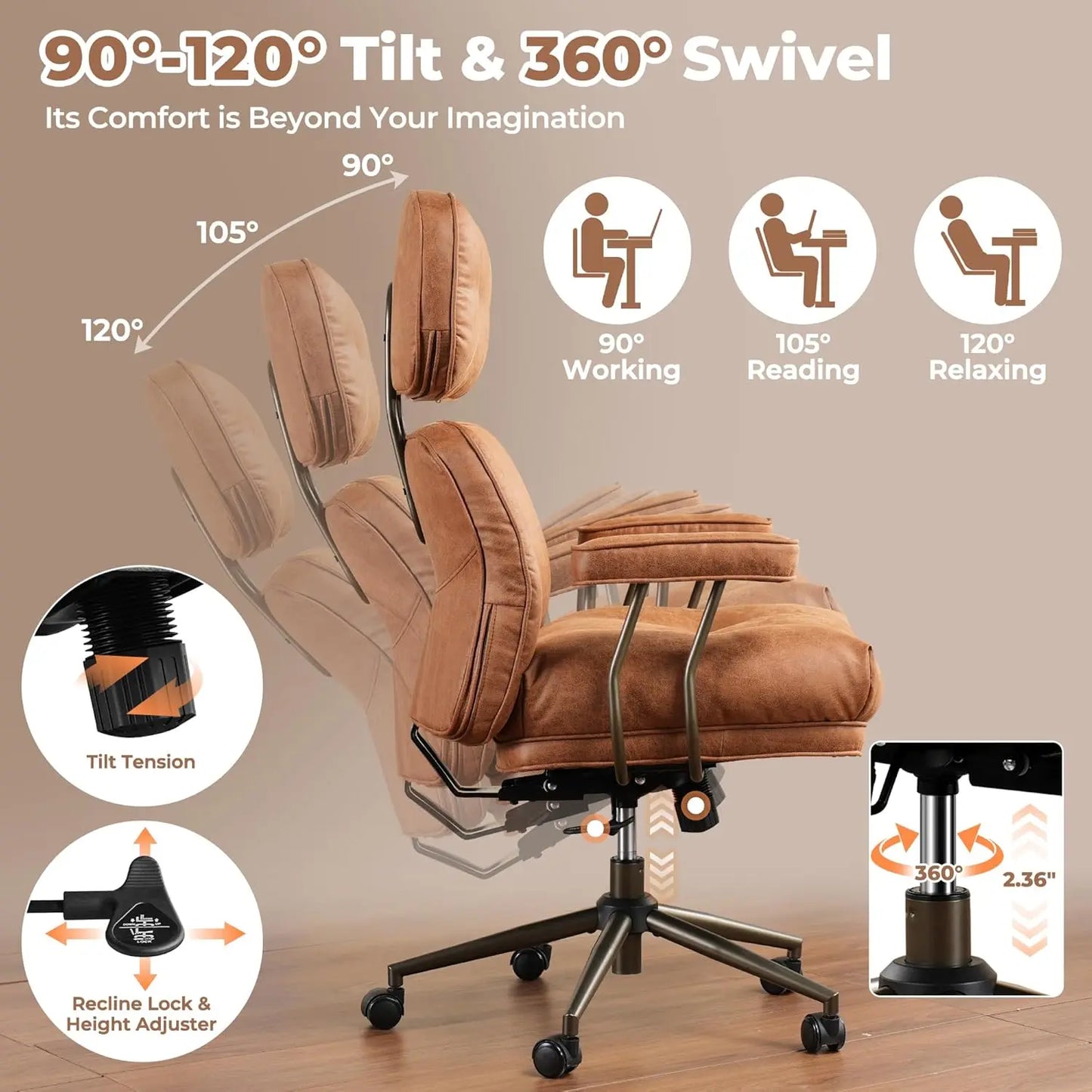 Office Chair, Modern Leather with Lumbar Support, High Back Swivel Rolling  with Comfy Thick Cushion (Brown, Suede Faux Leather)