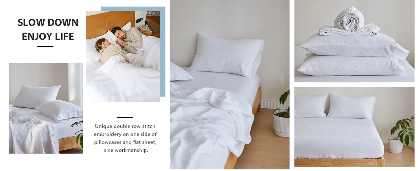 Simple&Opulence 3/4 Pcs 100% Bed Linen Sheet Set Embroidery Washed Natural French Flax Soft Breathable Comforter Sheets Sets