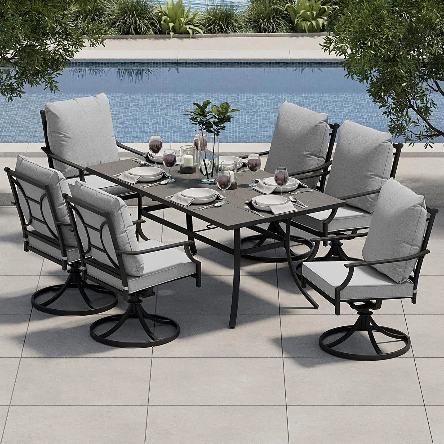 7-Piece Patio Dining Set for 6,  with Olefin Cushions & 1 Black Rectangular Faux Woodgrain Dining Table
