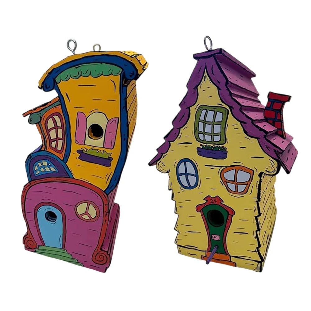 Cartoon Paint Bird Nest with Perch Handmade Bird House Cute Small Nesting Box Warm Bird Resting Place for Home Garden Decor