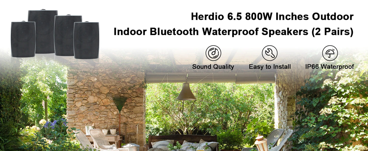 Herdio 4PCS 6.5‘’ 800W Outdoor Bluetooth Speakers Wired Waterproof With Multifunctional Amplifier Wall Mount Speakers For Patio