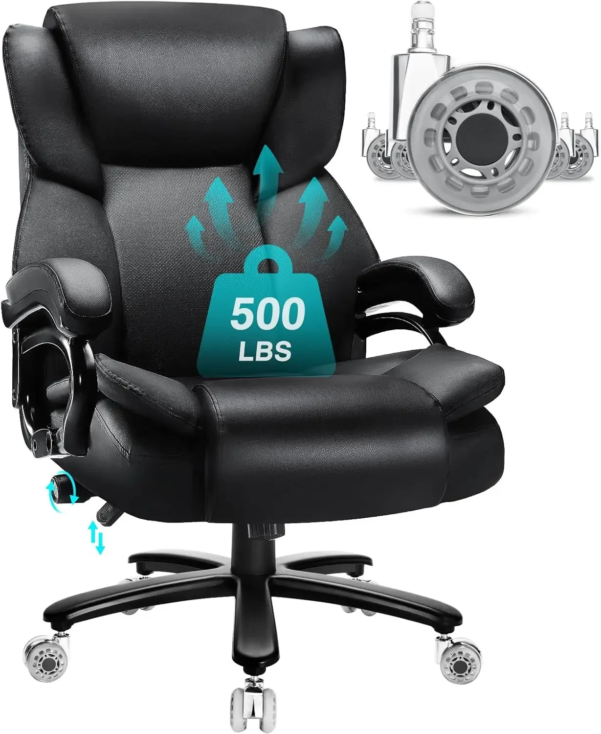 500lbs Heavy Duty Big And Tall Office Chair Dual Rubber Wheel Executive Desk Chair for Low Back Pain Relief