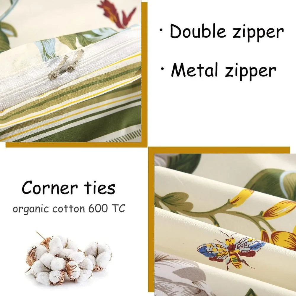 Cotton Striped Floral Duvet Cover Set in Green and Beige with Shabby Chic Flower Branches for Summer Reversible Bedding 600 Thre