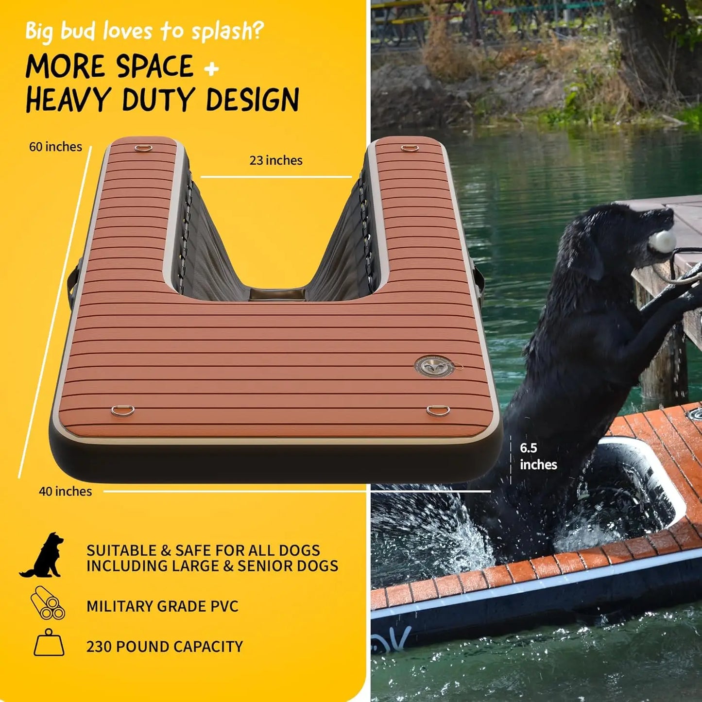 DOK Dog-DOK Inflatable Dock Platform: Safe & Easy Water Access for Dogs Up to 230 lbs; Floating Non-Slip EVA Foam with Dog Boat