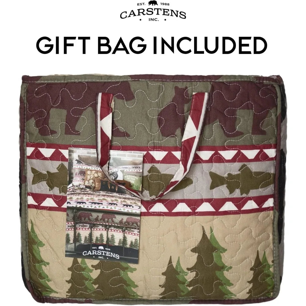 Rustic-Themed Bear Striped Microfiber Quilt Set for King-Size Beds