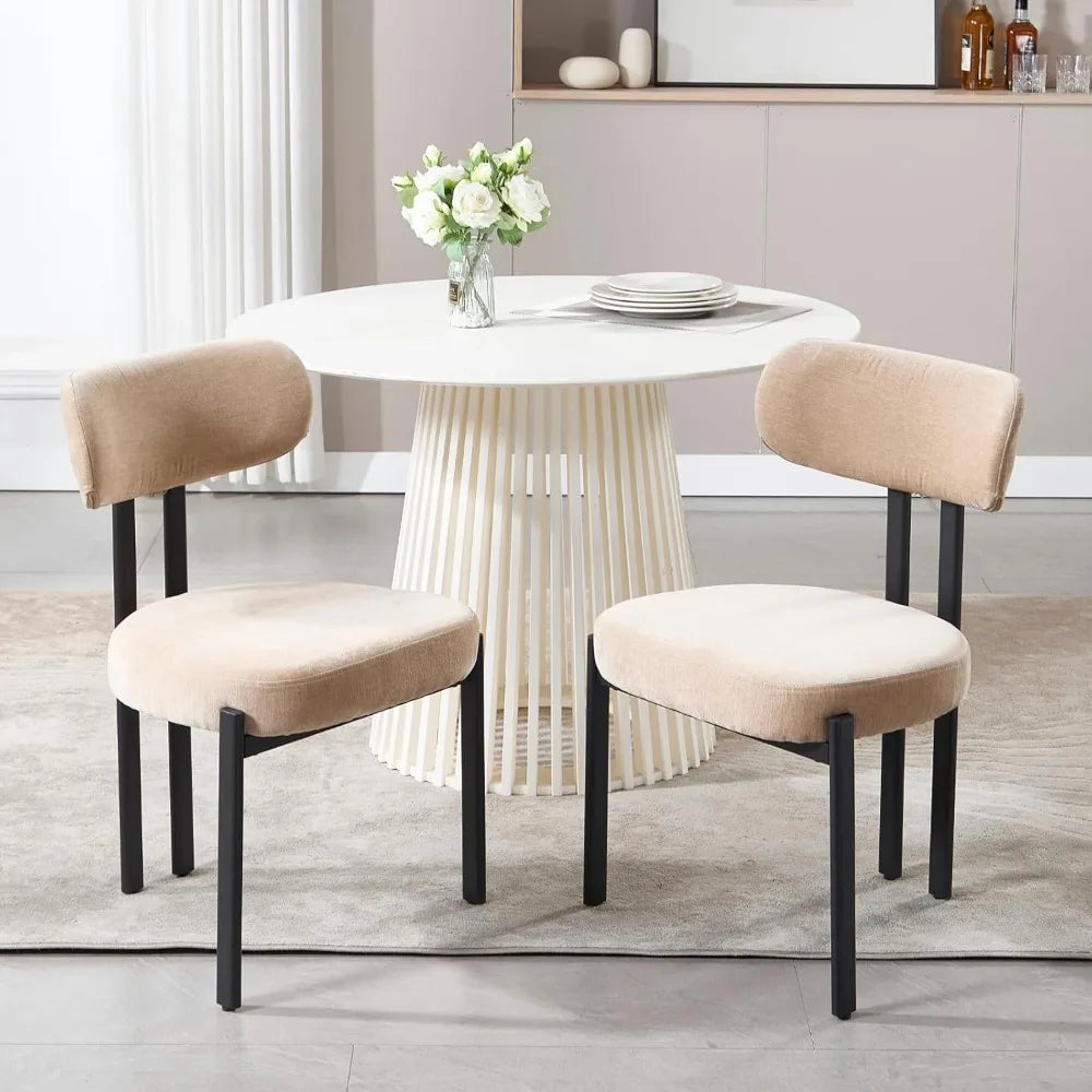 Khaki Dining Chairs Set of 2, Chenille Upholstered Kitchen Chairs with Open Back, Modern Armless Side Chairs with Metal Legs