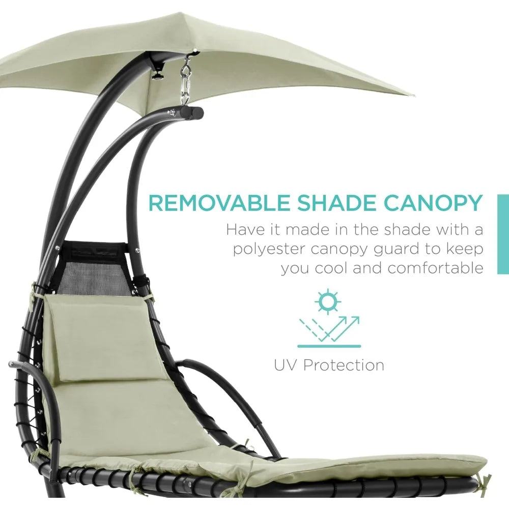 Curved Outdoor Steel Swing Lounge Chair with Pillow and Detachable Canopy in Sage