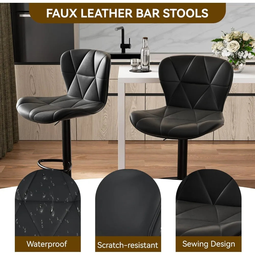 Modern Adjustable Bar Stools Set of 2 Faux Leather Swivel Chairs Counter Height with Upholstered Back for Kitchen Island