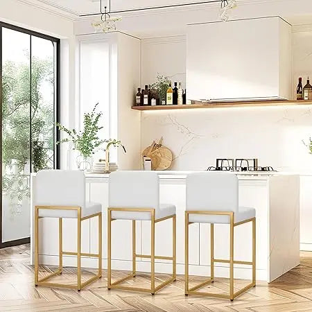 Bar Stools Set of 3 - Counter Height Bar Stool Leather Stools for Kitchen Counter, White and Gold Bar Stools with Back