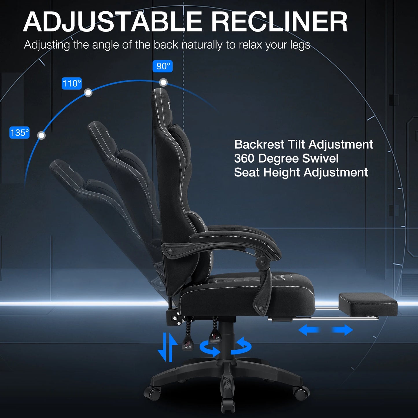 Ergonomic Office Chair With Footrest Lumbar Cushion Bluetooth Speaker 2-Point Massage Height Adjustable Gaming Racing Chair Sofa