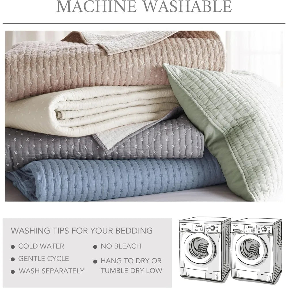 Cotton Cross Stitch Quilt Set - King Size (106x92 inches) with 2 Pillow Shams (36x20 inches) - Cream