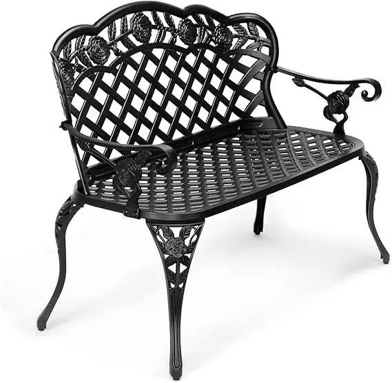 42.5" Outdoor Bench, Antique Cast Aluminum Front Porch Bench Metal Garden Benches Cast Iron Benches 2-3 People Seating (Black)