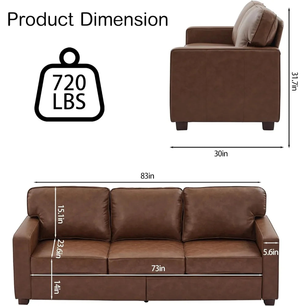 Mid-Century Modern 3-Seat Brown PU Faux Leather Sofa with Solid Wood Legs for Living Room, Bedroom, or Office