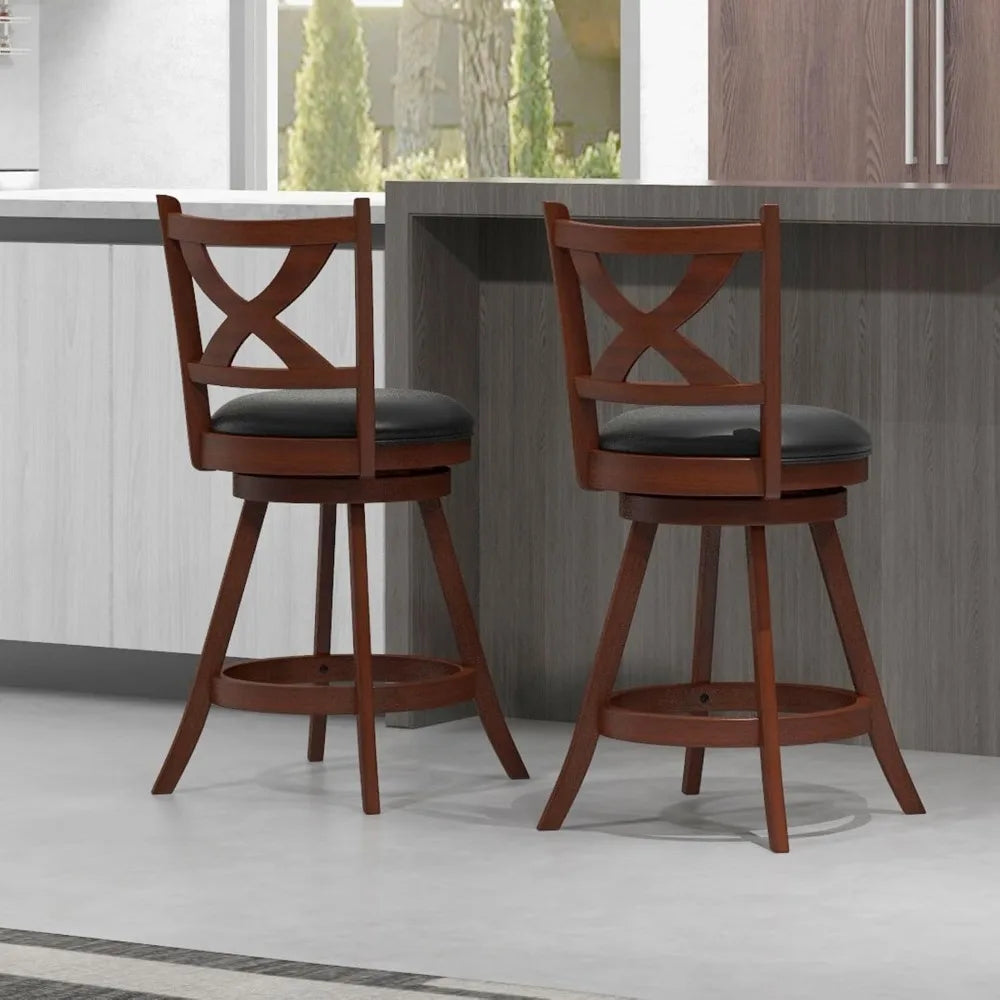 Set of 2 24 Swivel Counter Height Bar Stools with Back, Solid Rubberwood Frame, Leather Padded Seats, Vintage Style