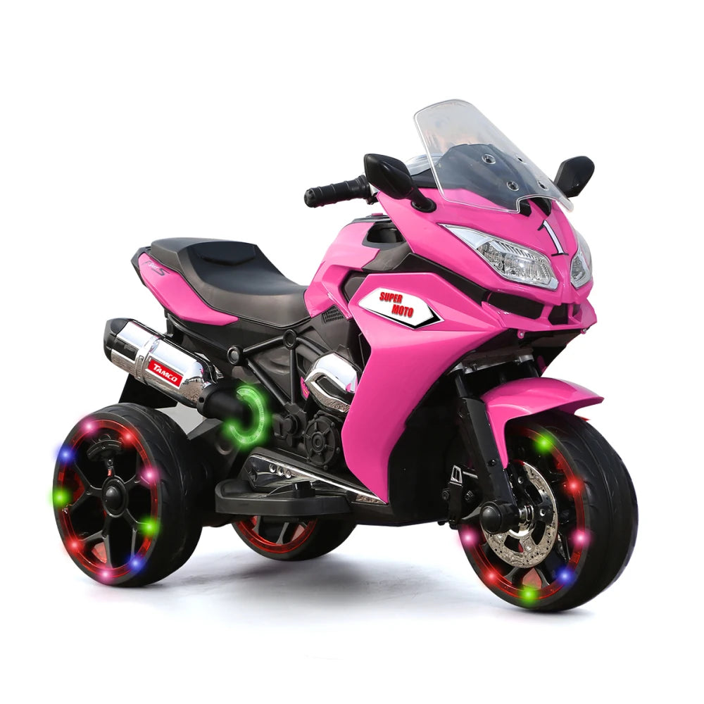 12V Kids Electric Motorcycle Ride On 3-Wheel Battery-Powered Rechargeable Toy Colorful LED Light-Up Wheels Boys Girls Fun Gift
