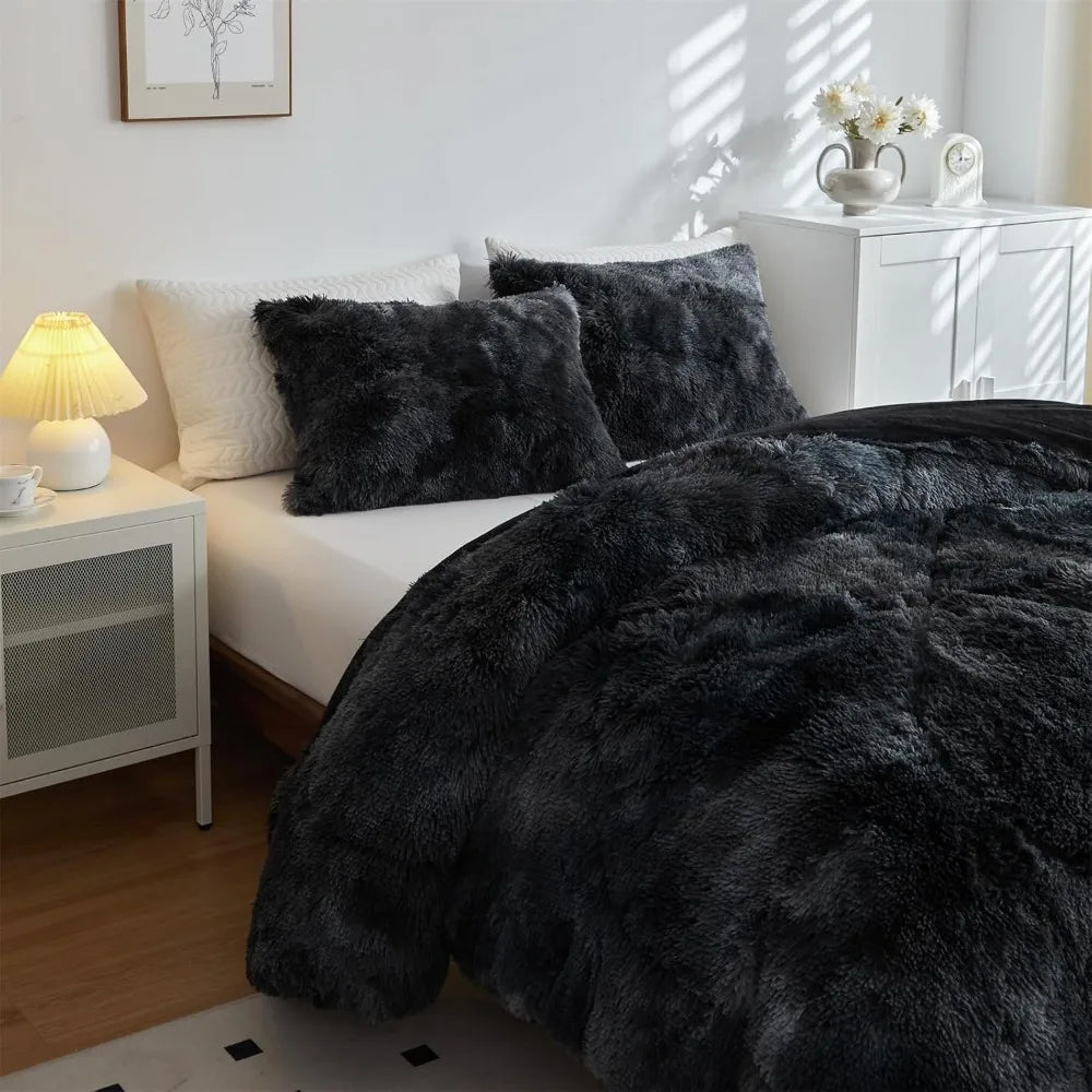 Faux Fur Plush Black Comforter Set Fluffy Fuzzy Shaggy Bedding Set - 3PC King Size Microfiber Soft Warm Quilt Set