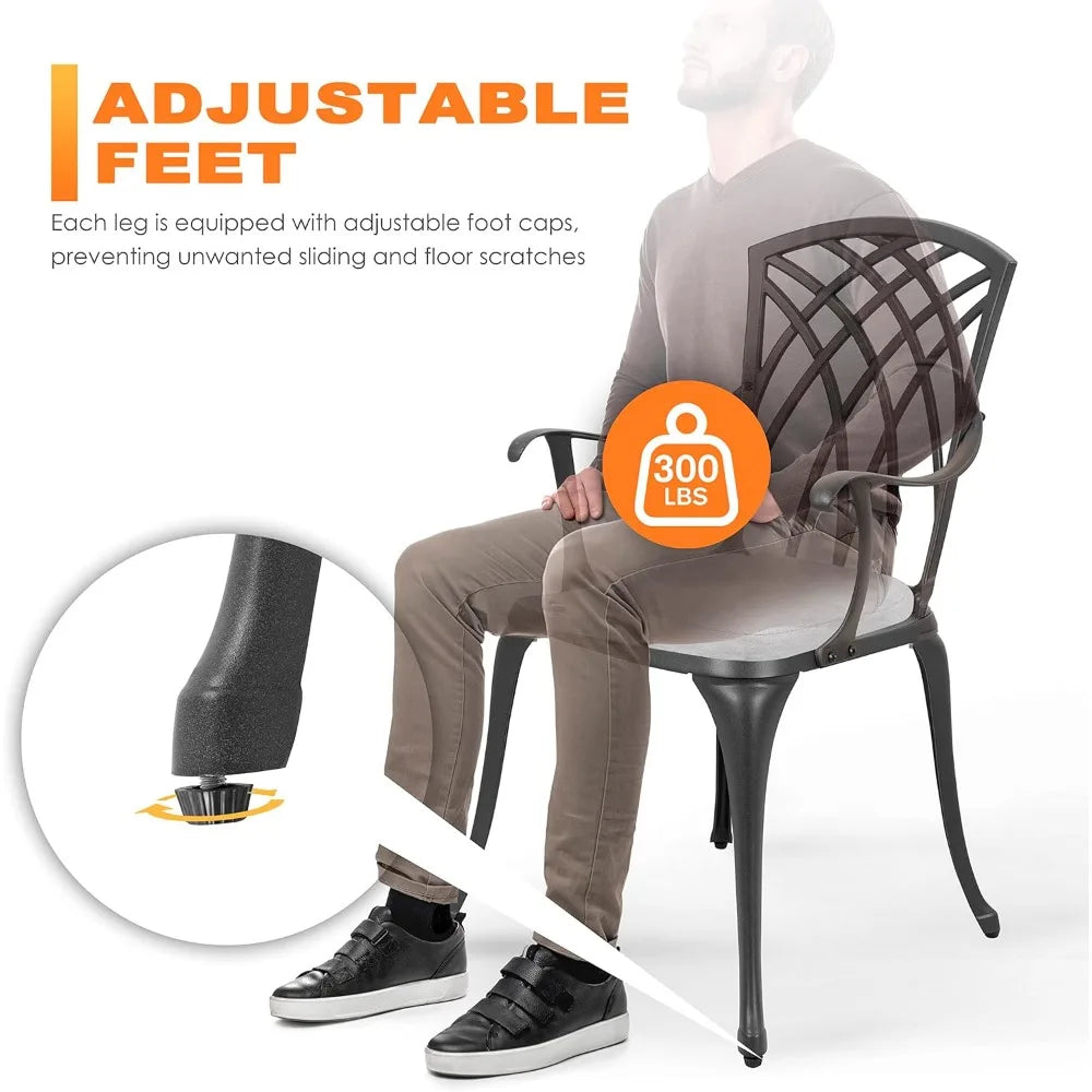 3 Piece Outdoor Cast Aluminum Patio Set Patio Table and Chairs Set of 2 with Umbrella Hole and Gray Cushions, Black