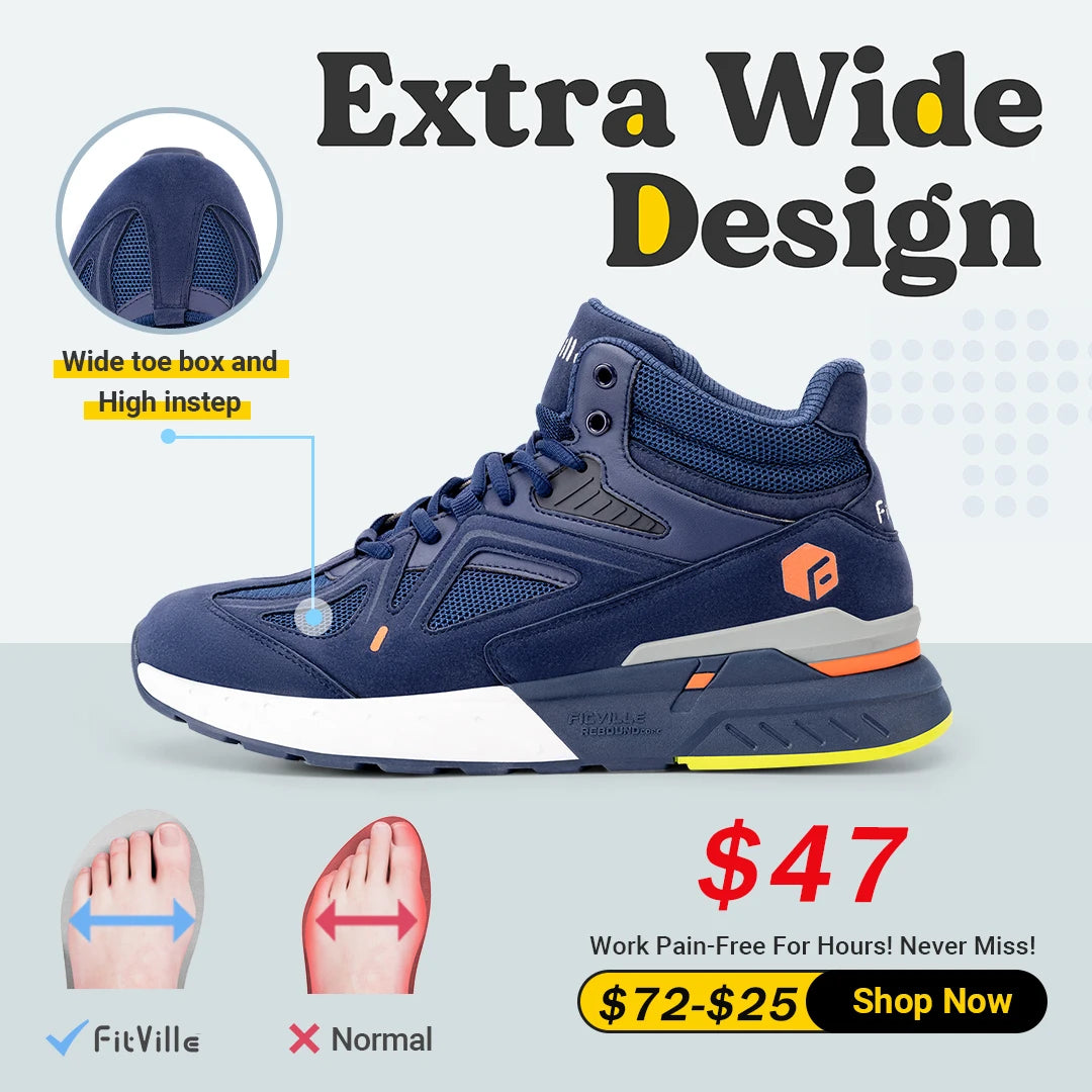 FitVille Men's High-Top Basketball Shoes Widened Lightweight Casual Sneakers Breathable For Male Swollen Feet Relieve Pain