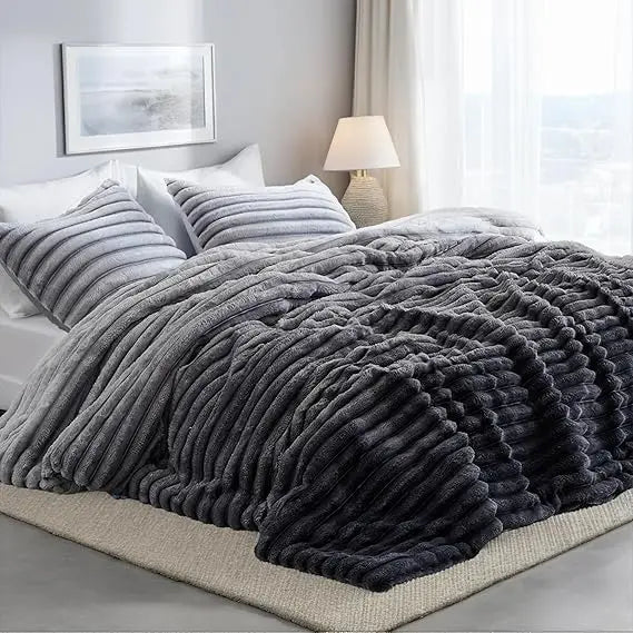 King Size Grey Ombre Fluffy Ribbed Comforter Set with Plush Fleece Bedding and Warm Fuzzy Mattress