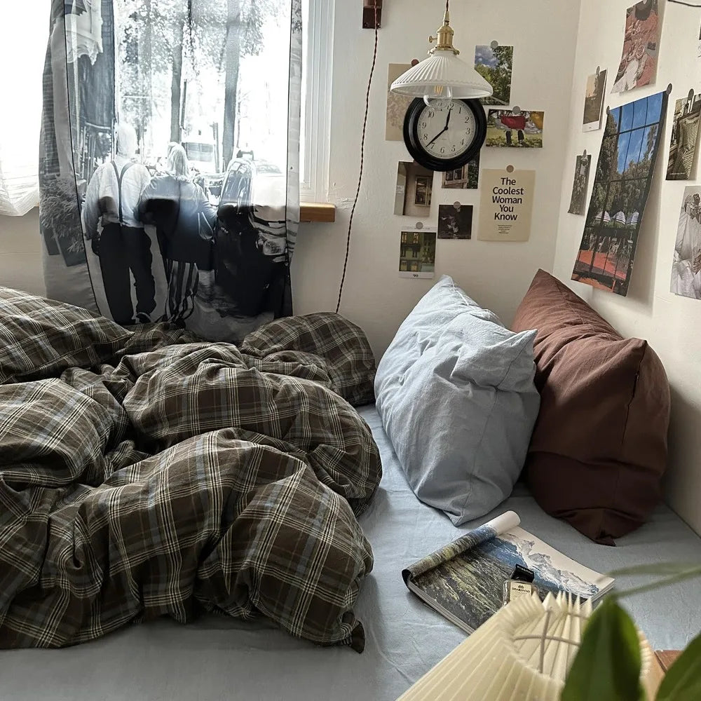 Queen Size Blue, Brown & Green Buffalo Plaid Duvet Cover Set - 3 Piece Vintage Aesthetic Bedding Set, 100% Washed Cotton, M