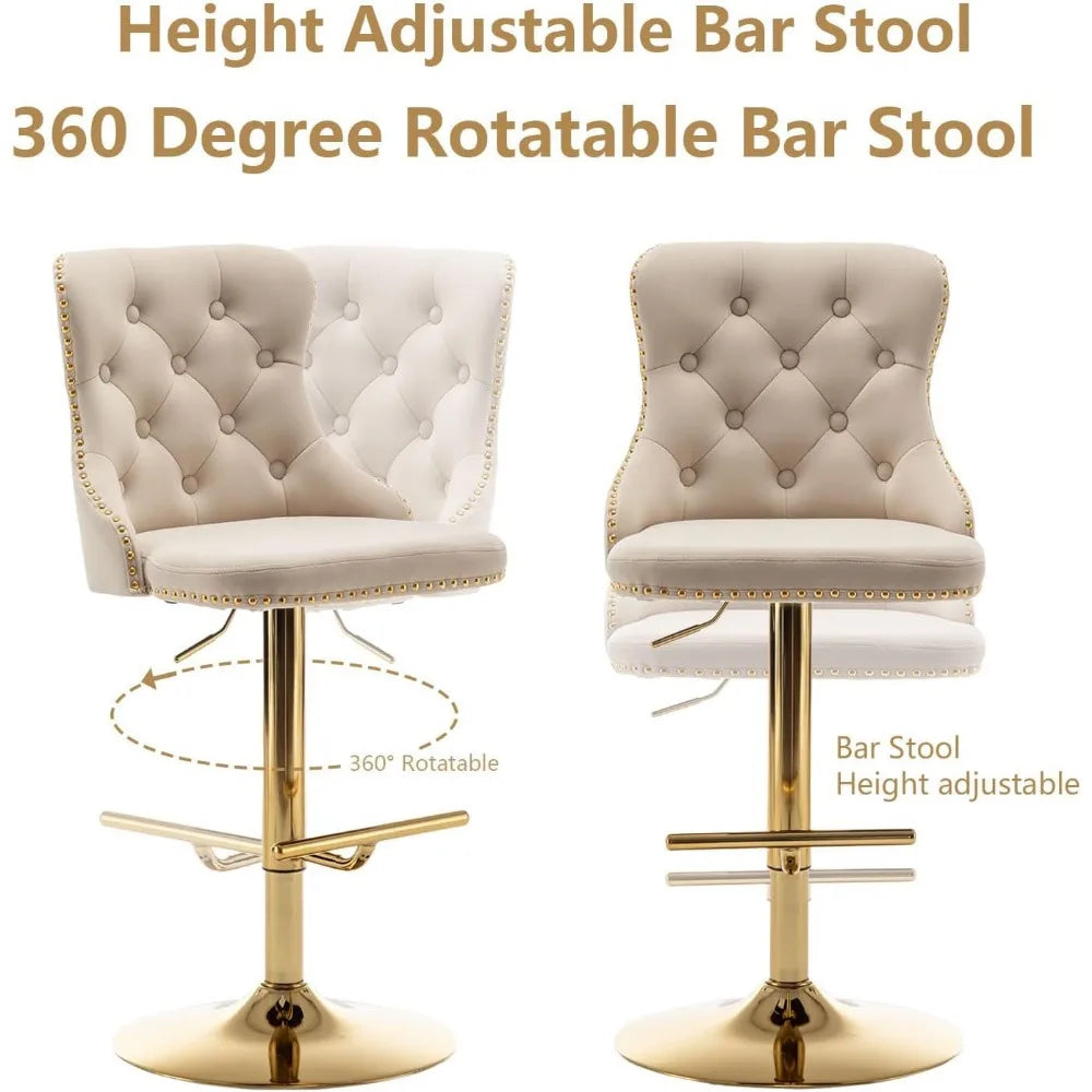 Velvet Bar Stools Set of 4, Counter Height Bar Stools with Button & Nailheads Trim, Gold Swivel Bar Stools for Kitchen Island, B